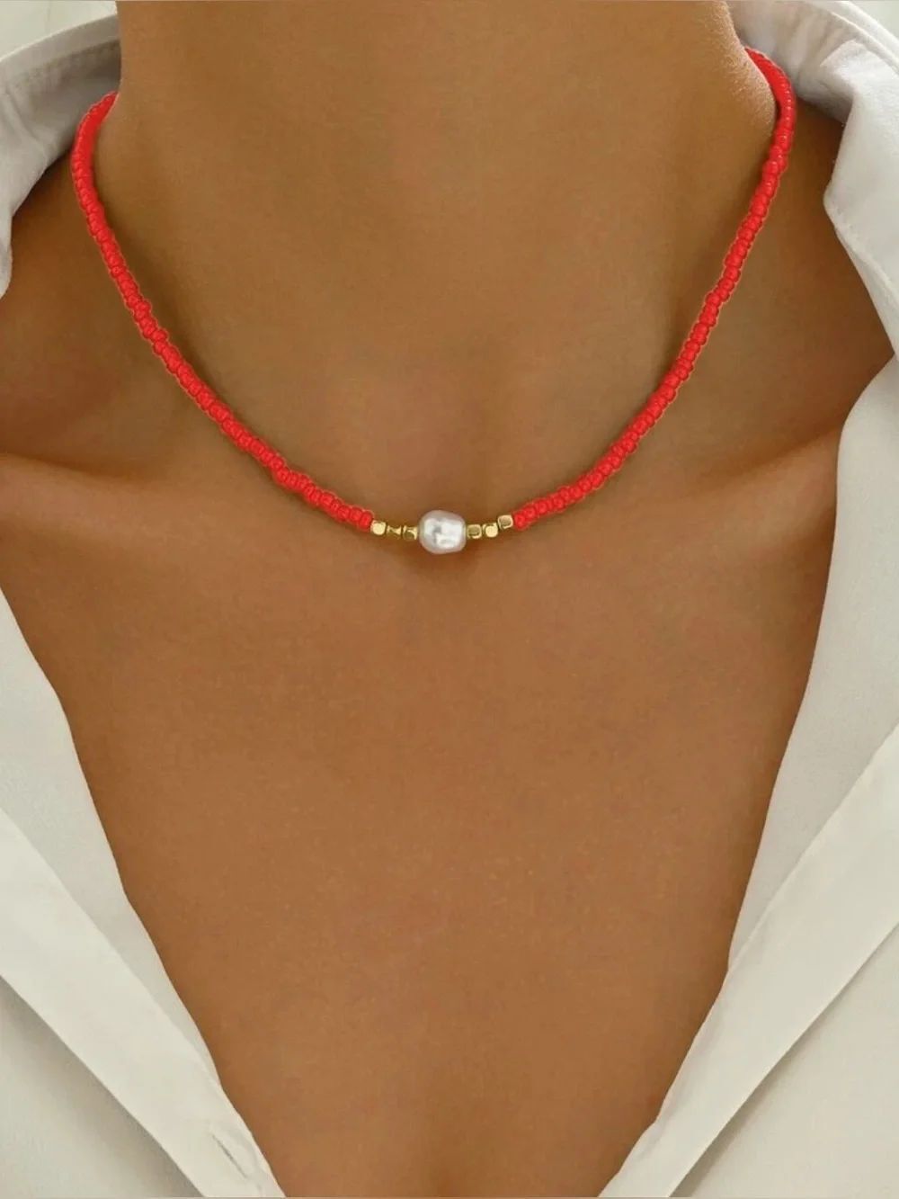 Red Beaded Accent Necklace N1513